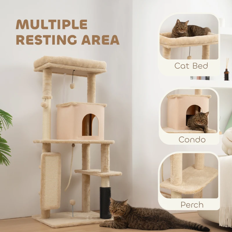 PawHut 132cm Cat Tree w/ Scratching Posts, Pad, Cat Bed, Cat House, Jumping Platform, Grooming Brush, Anti-Tip Kit, Beige
