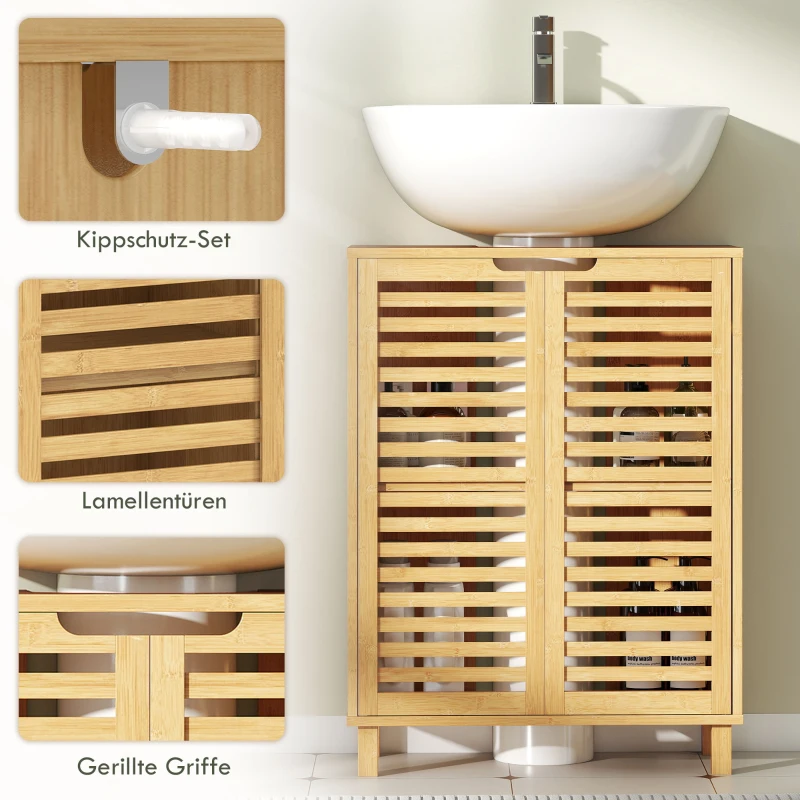 HOMCOM Waschbecken-Unterschrank für Badezimmer, Badschrank mit Lamellentüren, Bambusholz, verstellbare Regale, Natur
