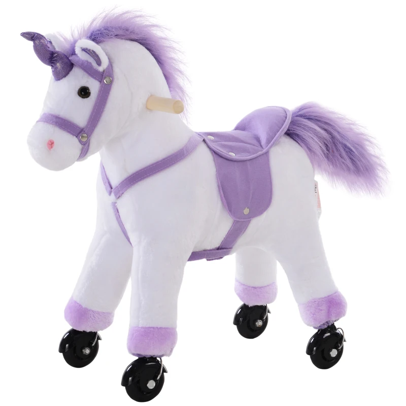 HOMCOM Kids Ride-On Rocking Unicorn, with Realistic Sounds, Handlebars, Purple/White