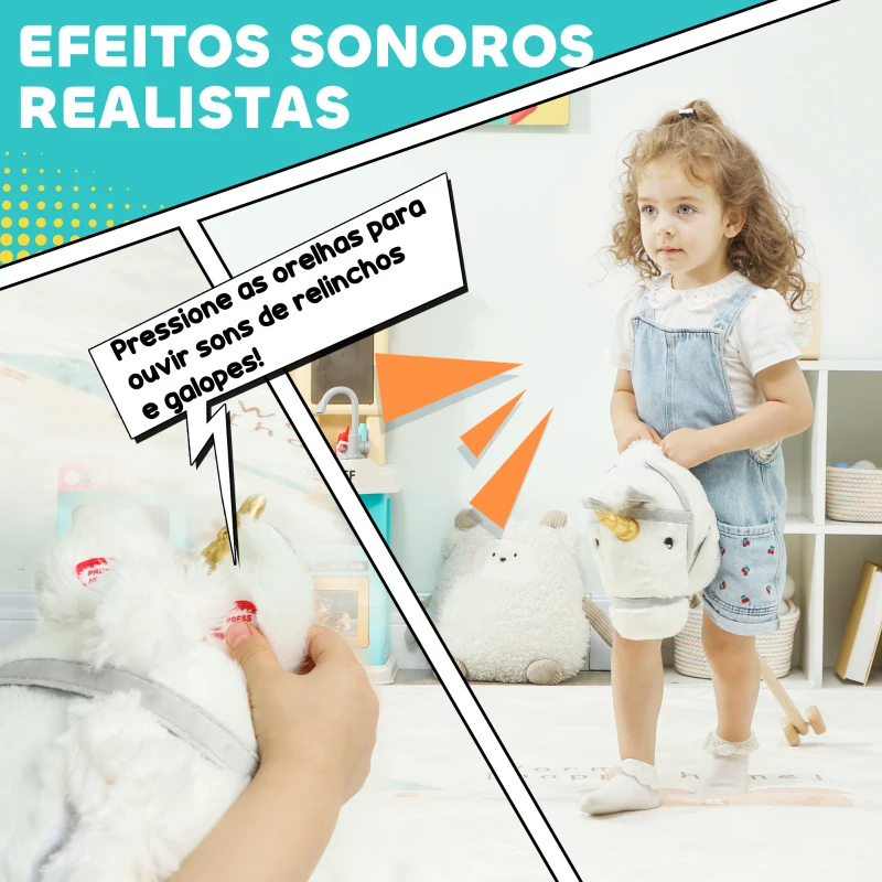 AIYAPLAY Cavalo com Pau de Madeira Design Unicórnio Sons e Rodas Cavalo de Brinquedo 95x25x27 cm Branco