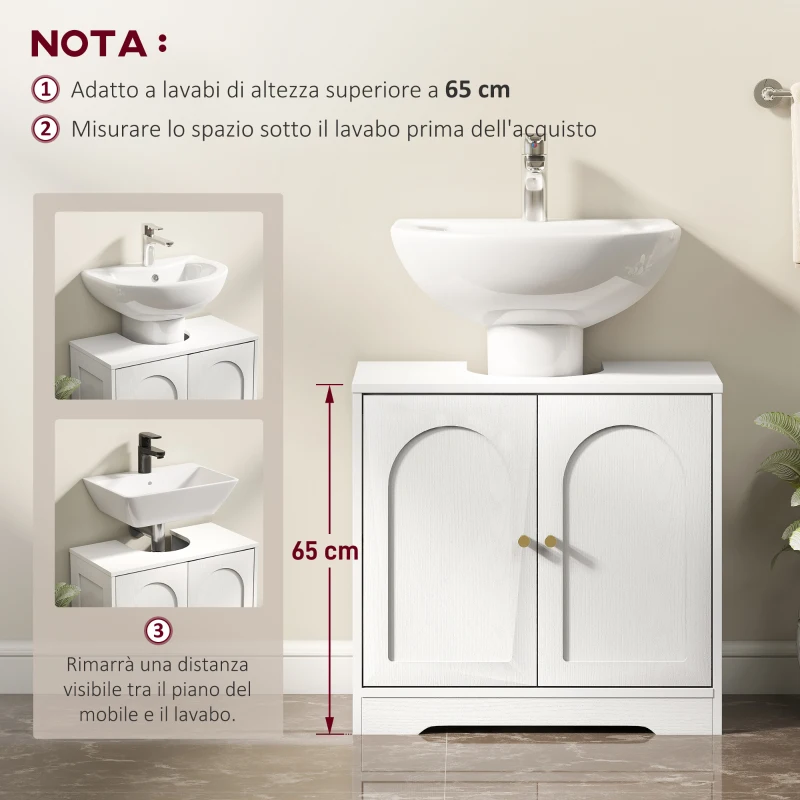 HOMCOM Mobile Sotto Lavabo Bagno a 2 Ante con Ripiano Regolabile su 3 Livelli, in Legno, 60x30x65 cm, Bianco