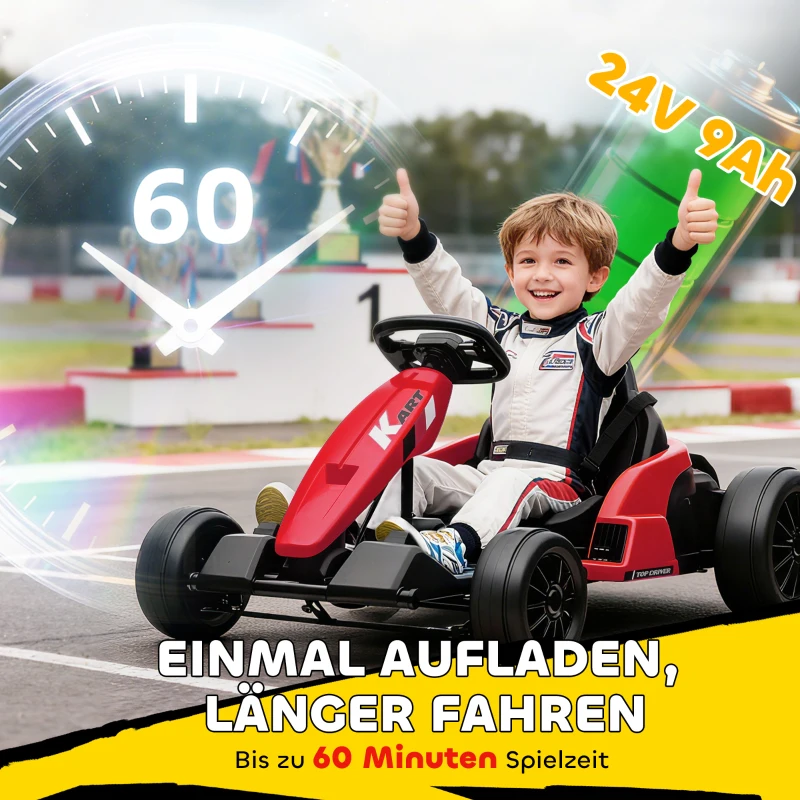 AIYAPLAY 24V Elektrisches Go-Kart, Drift-Modus, verstellbarer Sitz, 5-Punkt-Sicherheitsgurt, Musikfunktion, Hupe, 6-12 Jahre Rot
