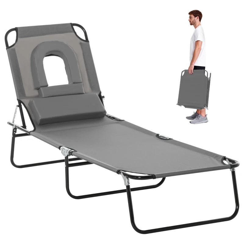 Outsunny Sonnenliege mit Gesichtsloch & Kissen, klappbar, wasserabweisender Bezug, Metallrahmen, Dunkelgrau