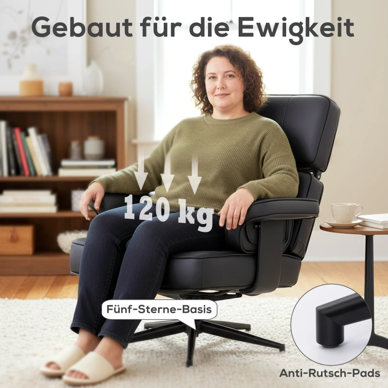 HOMCOM Verstellbarer Liegesessel mit Fußhocker, Kunstleder-Bezug, höhenverstellbare Kopfstütze, Metallbasis, Schwarz