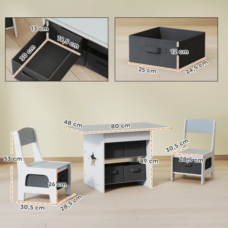 AIYAPLAY Ensemble table et 2 chaises enfant avec 6 tiroirs amovibles, pour fille garçon 3-8 ans, gris