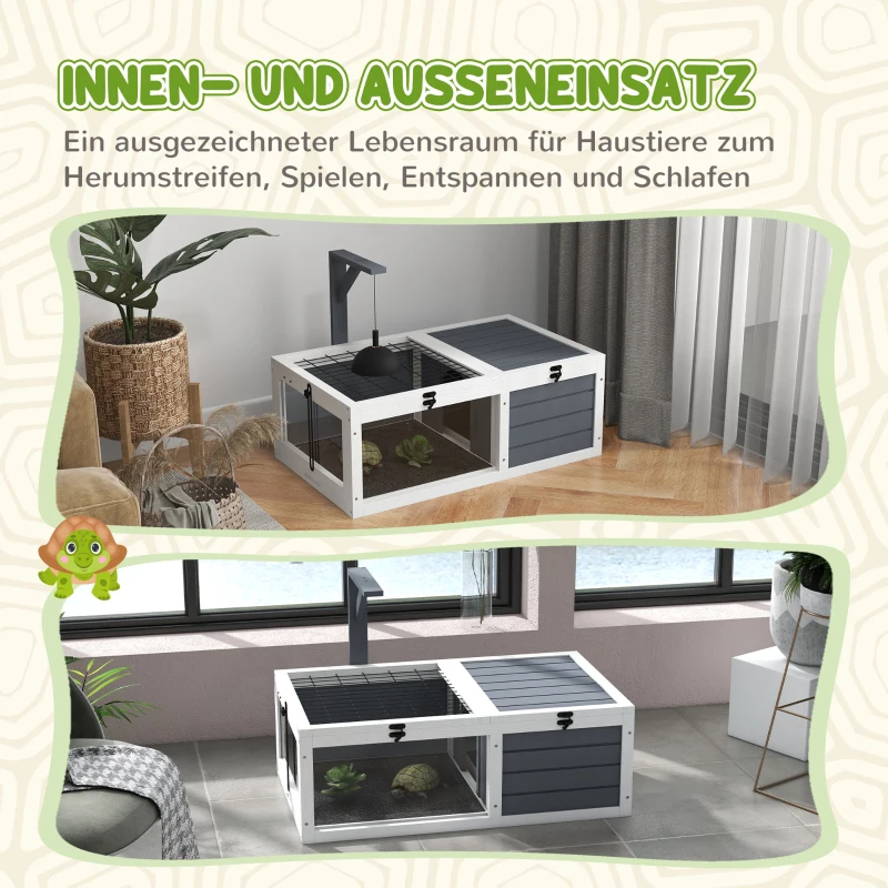 PawHut Schildkrötenhaus, Reptilienbox mit 2 Räumen, Deckel, Kunststoffschalen, Fenster, Holz, Grau