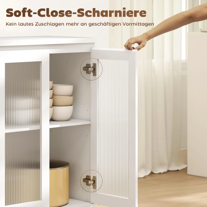 HOMCOM Buffetschrank, Sideboard mit 4 Schubladen, 2 Glastüren, modernes Design, MDF, Weiß
