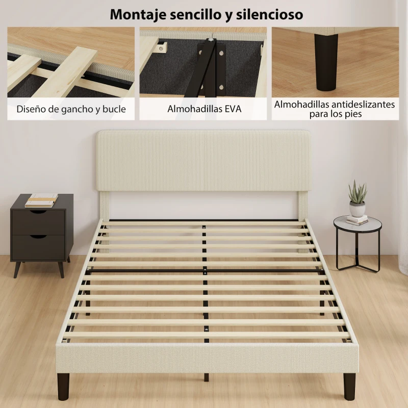 HOMCOM Somier 160x200 cm con Cabecero Ajustable Tapizado en Pana Láminas de Madera Fácil de Montar Gris Claro