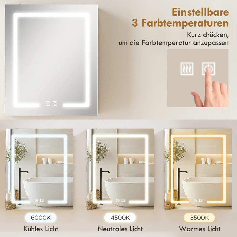 HOMCOM Spiegelschrank Bad mit Beleuchtung verstellbarem Regal, Tür, 3 Farbtemperaturen, Anti-Beschlag 50 x 15 x 60 cm Weiß