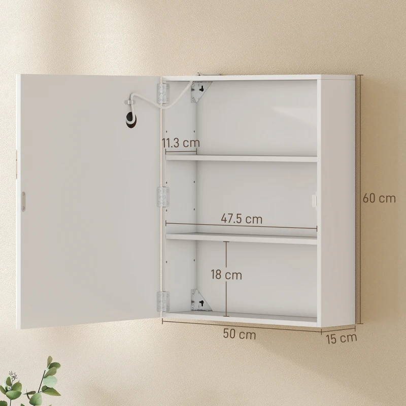 HOMCOM Armadietto Bagno con Specchio, Luce LED Regolabile e Sistema Antiappannamento, 50x15x60 cm, Bianco