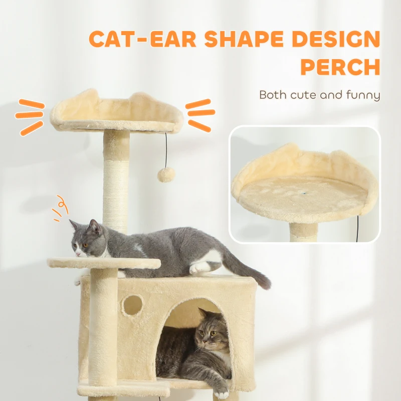 PawHut 160cm Large Cat Tree Tower with Sisal Scratching Posts, Condos, Plush Perches, Hammock, Ladder, Beige