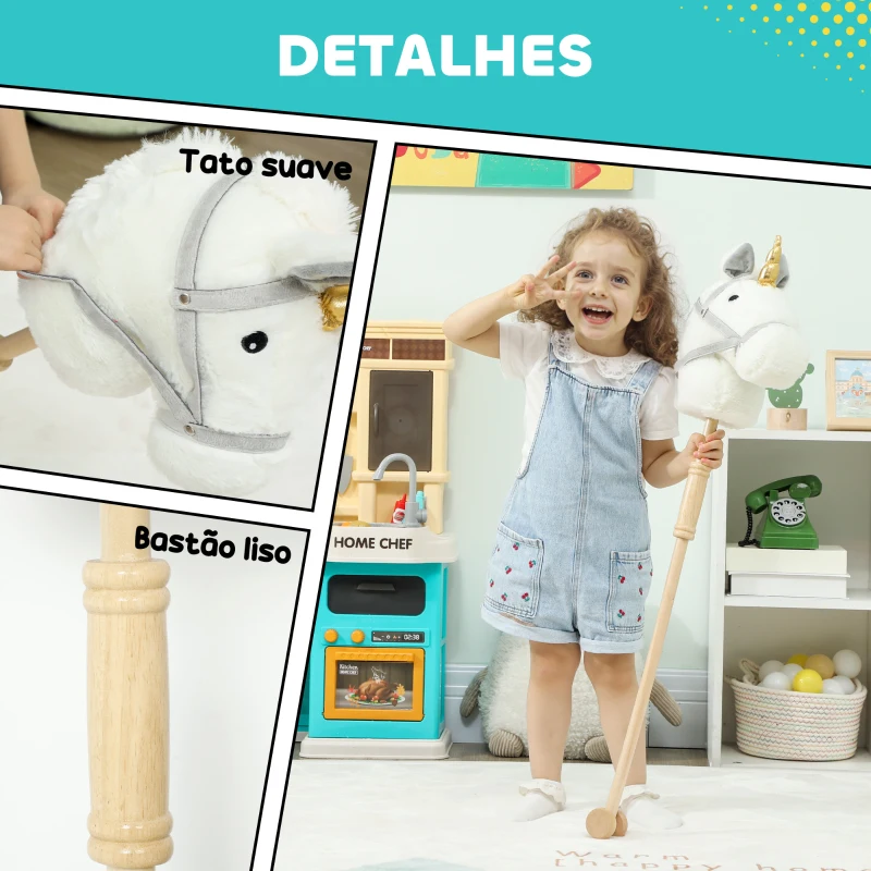 AIYAPLAY Cavalo com Pau de Madeira Design Unicórnio Sons e Rodas Cavalo de Brinquedo 95x25x27 cm Branco