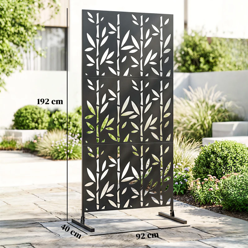 Outsunny Painel de Privacidade Decorativo para Exterior Claustra Decorativo Jardim 3 Painéis com padrão Bambu metal 92x40x192cm Preto