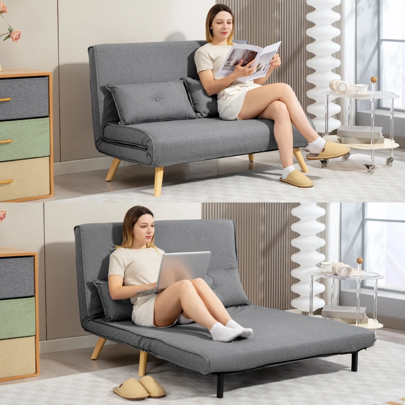 HOMCOM Two-Seater Linen-Look Sofa Bed - Grey