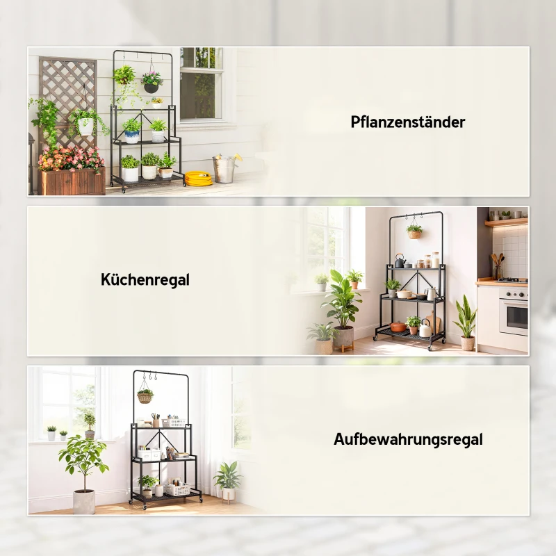 Outsunny 3-Etagen Pflanzenständer Klappbar Blumenständer mit Rolle, Haken, Pflanzenregal aus Metall, Schwarz