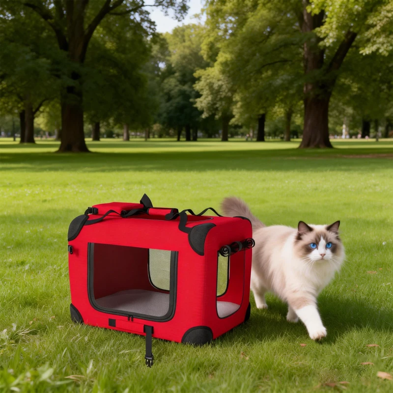 PawHut Transportin pliabil pentru câini 60x41,5x41 cm cu ferestre din plasă, pernă moale și 2 mânere pentru câini mici și pisici Roșu