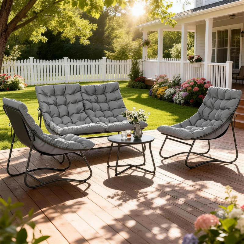 Outsunny 4-Sitzer Gartenmöbel-Set, 2 Stühle, 1 Doppel-Sofa, 1 Tisch, dicke Kissen, Stahlrahmen, für Terrasse, Grau