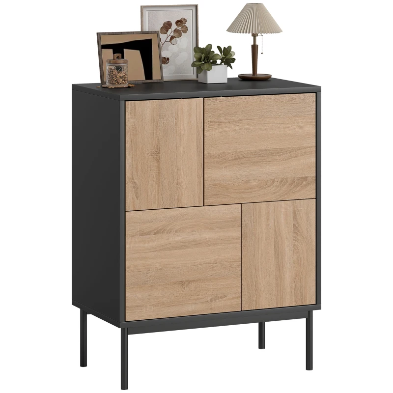 HOMCOM Sideboard mit Push-to-Open Türen, Esszimmerschrank mit Metallbeinen, Küchenschrank, MDF, Schwarz+Naturholz