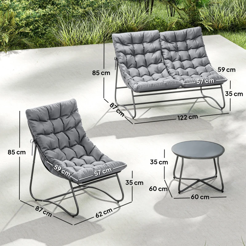 Outsunny 4-Sitzer Gartenmöbel-Set, 2 Stühle, 1 Doppel-Sofa, 1 Tisch, dicke Kissen, Stahlrahmen, für Terrasse, Grau