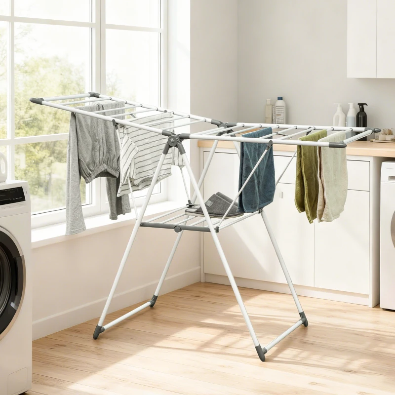 HOMCOM Stendibiancheria a 2 Livelli Regolabile su 4 Altezze, in Metallo e Plastica, 156.5x61.5x97 cm, Bianco