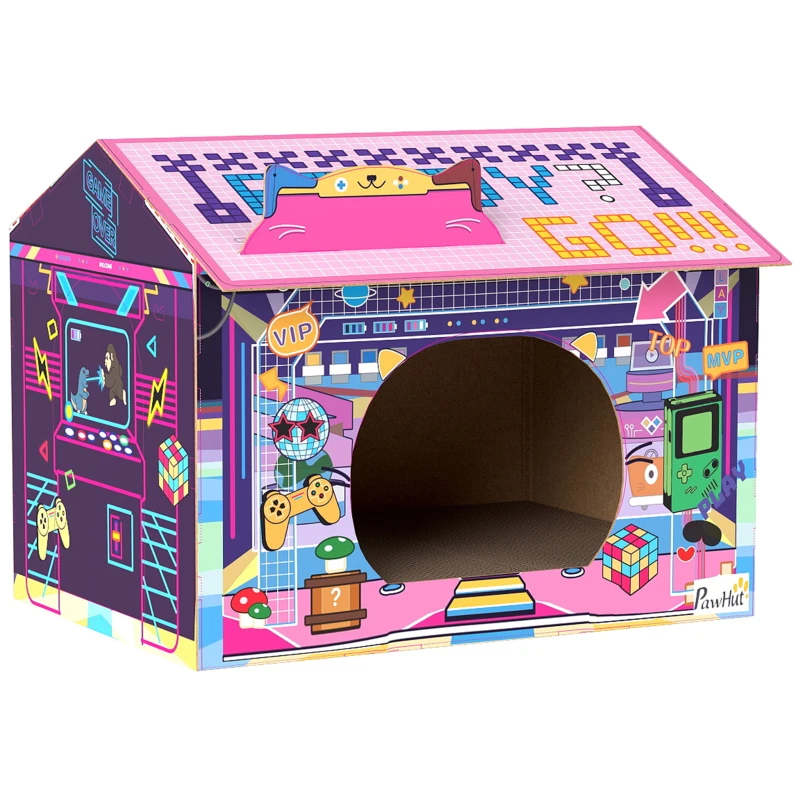 PawHut 2 in 1 Gaming Style Cardboard Cat House with Scratching Board & Catnip for Indoor Cats, Pink