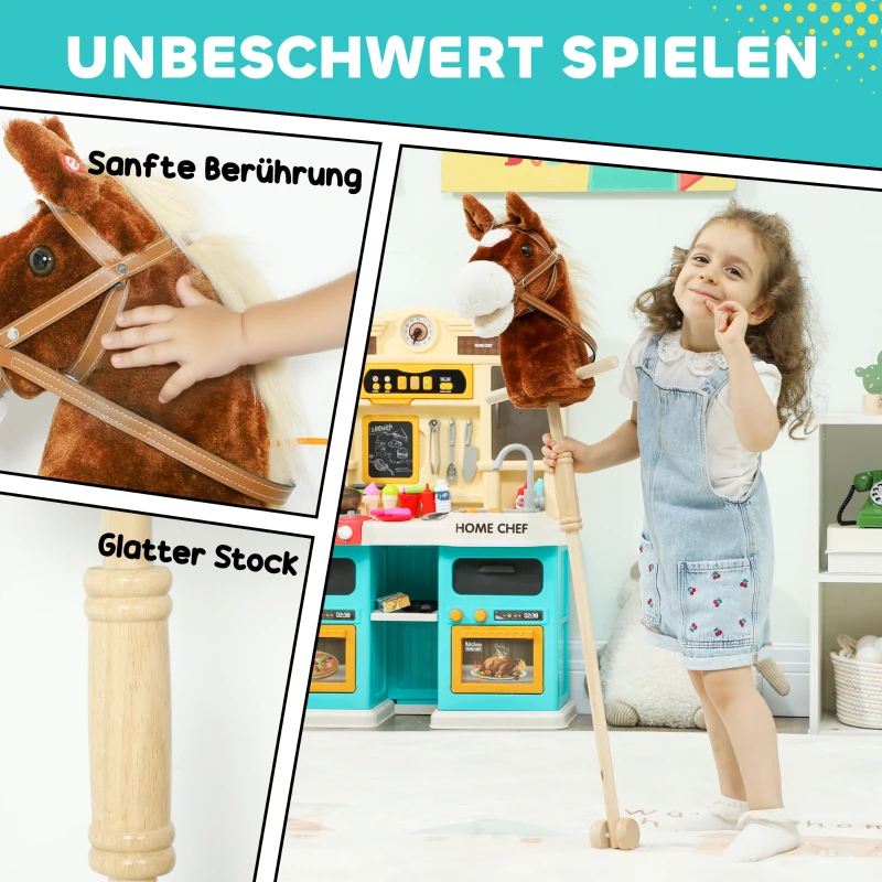 AIYAPLAY Steckenpferd Kinder Steckenpferde mit Sound, Griffe, Rolle, Stockpferd zum Reiten für Kinder 24+ Monate, Braun