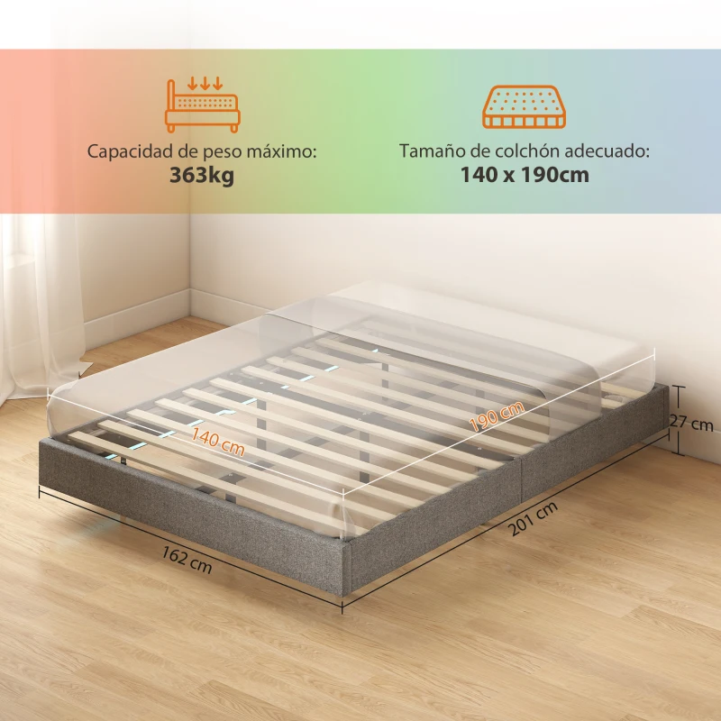 HOMCOM Somier 140x190 cm con Luces LED Estructura de Cama Tapizado en Lino Láminas de Madera Fácil de Montar Gris