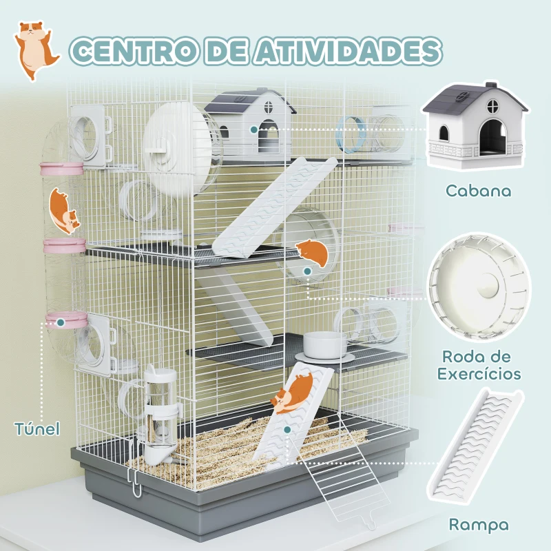 PawHut Gaiola para Hámster 47x30x70 cm Gaiola para Roedores com Túnel Plataformas Tigela Bebedouro Casinha Rampas e Roda Cinzen