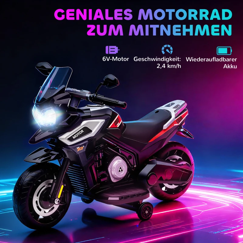 AIYAPLAY Elektro-Motorrad für Kinder von 18-36 Monaten, Aufsitz-Fahrzeug, Hilfsräder, Lichter, Musik, Kunststoff, Stahl, Schwarz