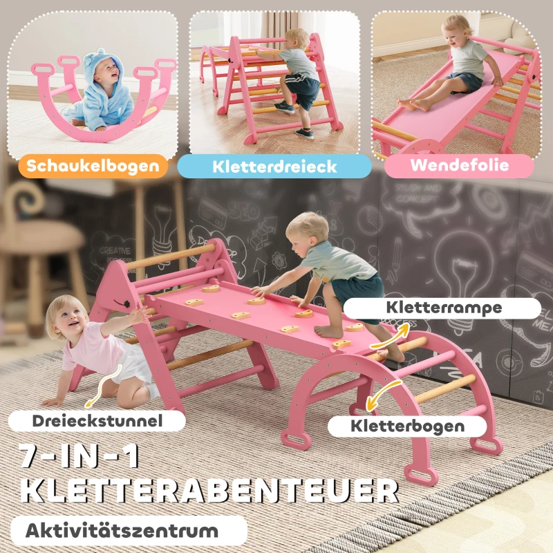 AIYAPLAY Klettergerüst Indoor, 7 in 1 klappbar Kletterdreieck mit Rutsche, Kletterbogen