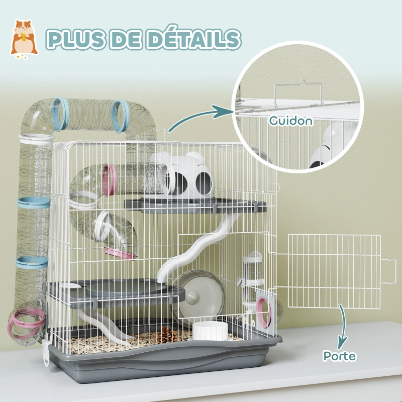 PawHut Cage hamster, cage rongeur à 3 niveaux, roue d'exercice, tunnel, gamelle, niche et rampe d'accès, 45 x 30 x 45 cm, gris