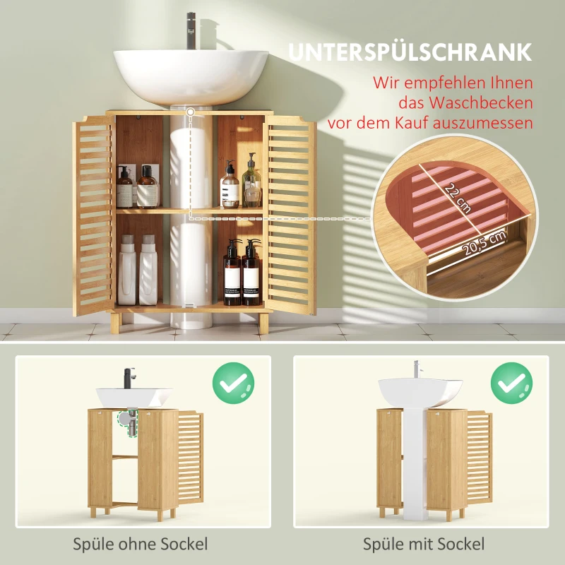 HOMCOM Waschbecken-Unterschrank für Badezimmer, Badschrank mit Lamellentüren, Bambusholz, verstellbare Regale, Natur