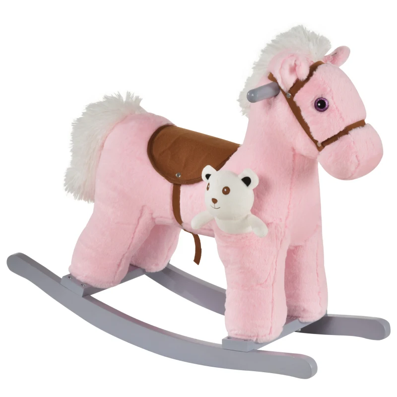 HOMCOM Caballito Balancín con Felpa con Osito de Peluche para Niños 18-36 Meses Caballo Mecedora Sonidos de Relincho y Galope Base de Madera Asiento 35 cm Carga 30 kg 65x26x55 cm Rosa