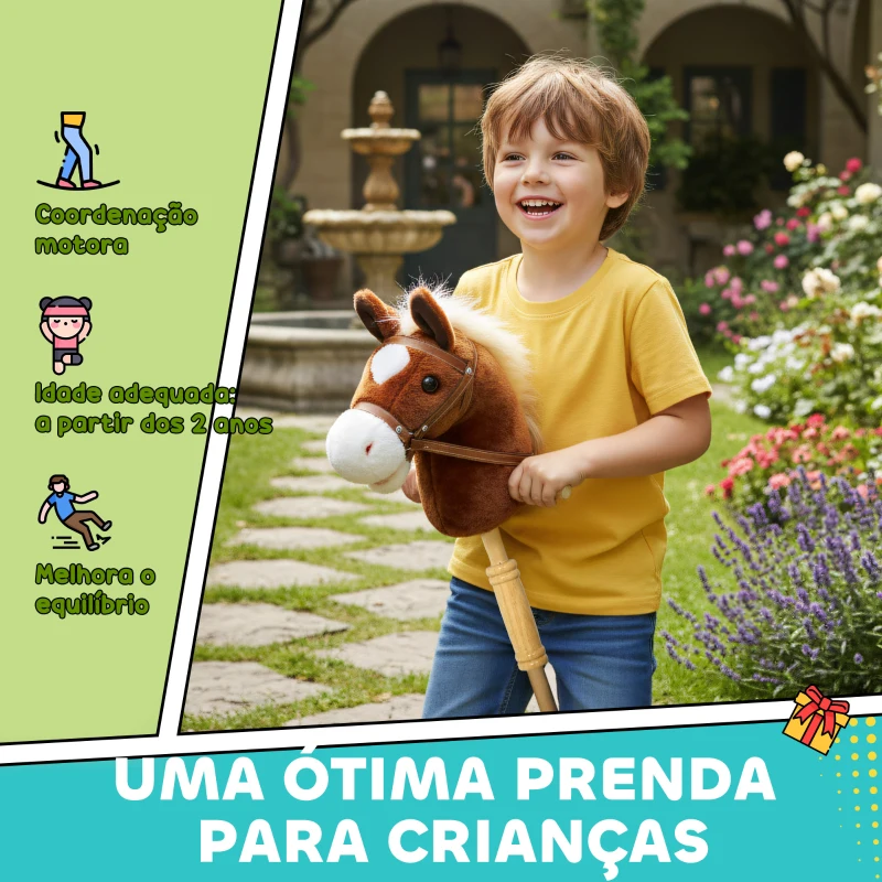 AIYAPLAY Cavalo com Pau de Madeira Sons e Rodas Cavalo de Brinquedo 95x25x27 cm Castanho