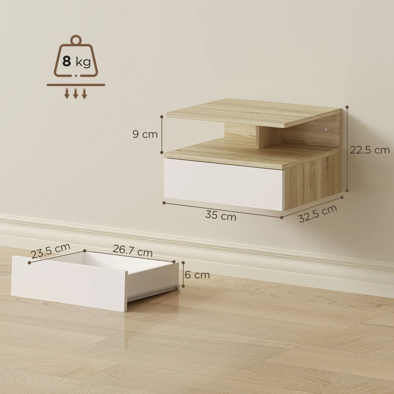 HOMCOM Set de 2 Noptiere Suspendate cu Sertar și Poliță Superioară, Noptiere Moderne din Lemn, 35x32x22.5 cm, Lemn Natural