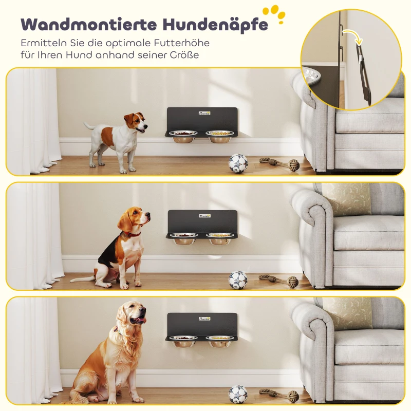 PawHut Hundenapf höhenverstellbar Wand Futternapf mit 2 x 800ml Edelstahlnäpfen 42 x 23,5 x 14 cm Schwarz