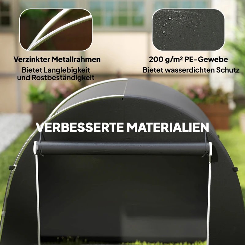 Outsunny Tragbarer Gartenschuppen, Fahrradzelt, Rolltür mit Reißverschluss, Metallrahmen, vielseitige Aufbewahrung, Kunststoff-Abdeckung, Dunkelgrau