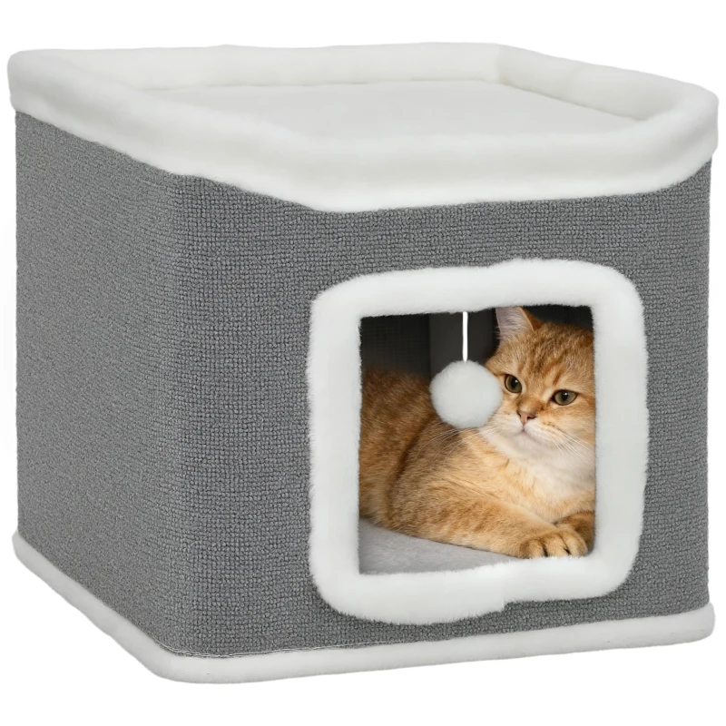 PawHut Cat House for Indoor Kittens, 2-Level Cat Cave Bed with Fluffy Balls, Top Bed, Kitten Barrel for Multi Kitties, Grey