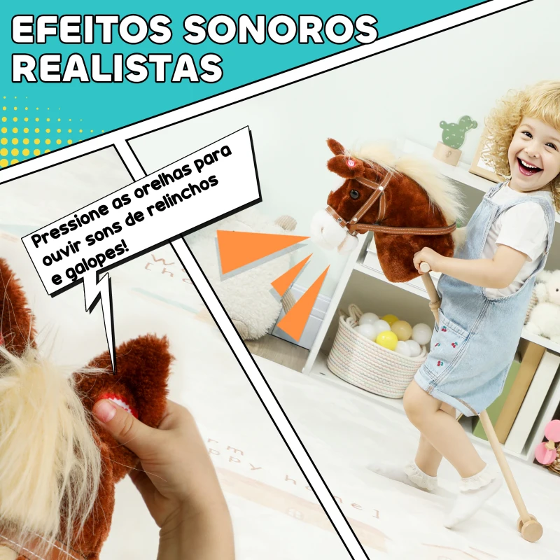 AIYAPLAY Cavalo com Pau de Madeira Sons e Rodas Cavalo de Brinquedo 95x25x27 cm Castanho