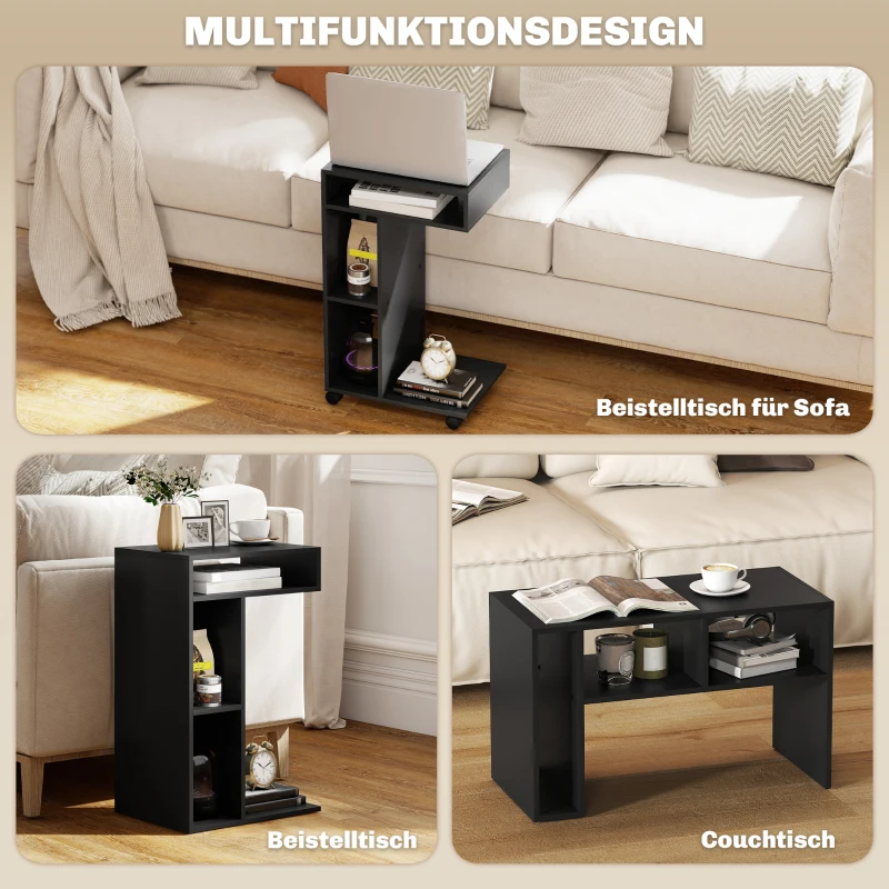 HOMCOM Beistelltisch, C-förmiger Servierwagen, 4 Rollen, 3 Fächer, 40 x 30 x 69 cm, Schwarz