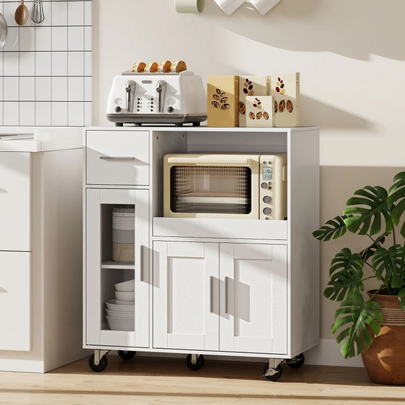 HOMCOM Küchenschrank auf Rädern, Mobile Küchenkommode mit Ablagen, Schubladen, verstellbarem Regal, Kabelloch, Weiß