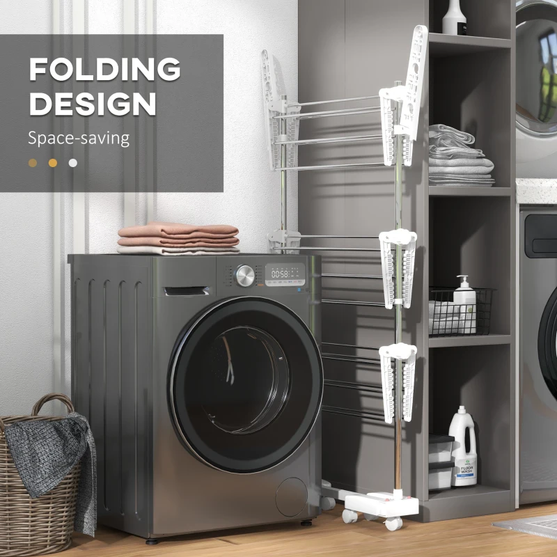 HOMCOM 3-Tier Clothes Airer, Stainless Steel Foldable Clothes Drying Rack with Wheels and Wings, Indoor and Outdoor, Easy Assembly, 142 x 55 x 152cm, White