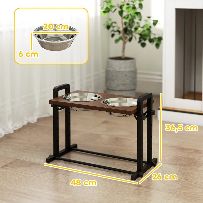 PawHut Hundenapf erhöht 4 höhenverstellbare Futternapf mit Ständer, 2 x 1,2 L Edelstahlnäpfen, 3 einstellbaren Winkeln, Braun