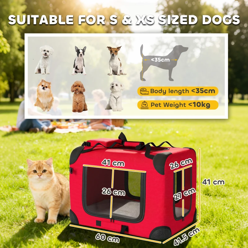 PawHut Trasportino per Cani Pieghevole 60x41,5x41 cm con Finestre in Rete Cuscino Morbido e 2 Maniglie per Cani Miniatura e Gatti Rosso