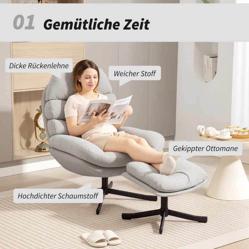 HOMCOM Relaxsessel mit Hocker Sessel Loungesessel mit Chenille-Stoff, Modern Fernsehsessel, 78 x 93 x 100 cm, Cremeweiß
