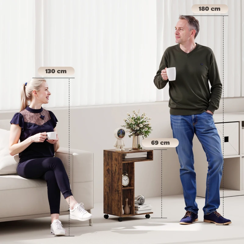 HOMCOM Beistelltisch, C-förmiger Servierwagen, 4 Rollen, 3 Fächer, 40 x 30 x 69 cm, Rustikal-Braun