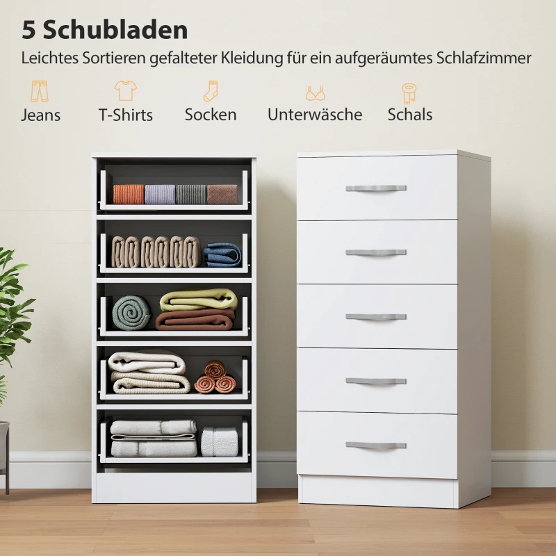HOMCOM Kommode mit 5 Schubladen, Schubladenschrank für Kleidung und Utensilien, Spanplatte, Weiß