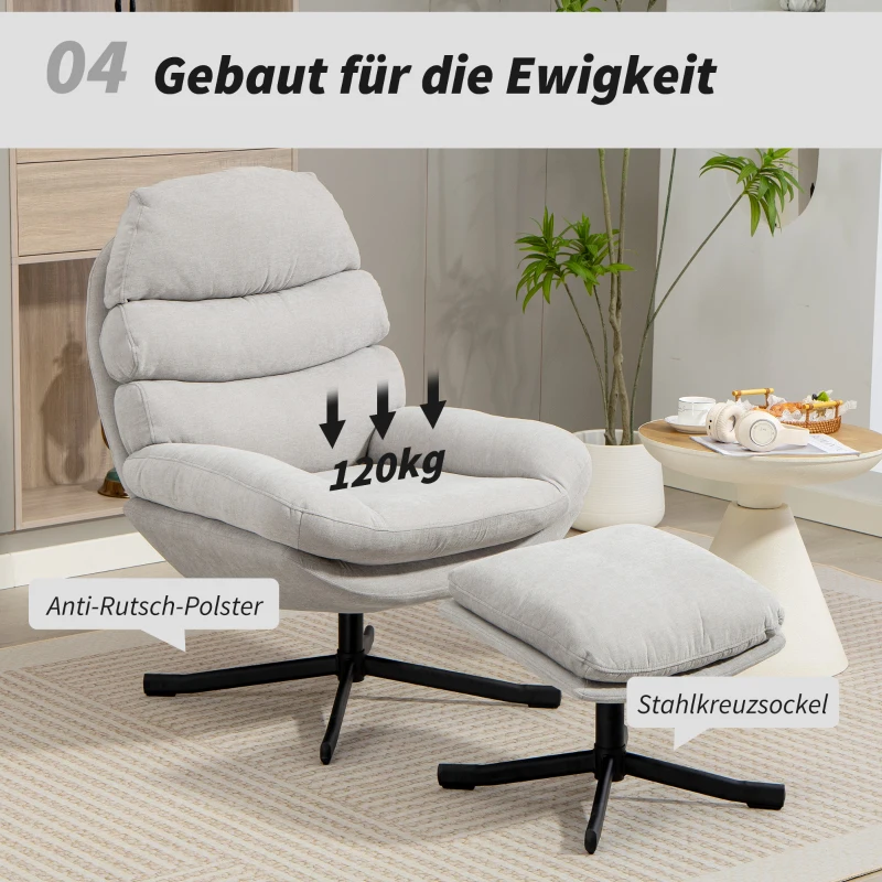 HOMCOM Relaxsessel mit Hocker Sessel Loungesessel mit Chenille-Stoff, Modern Fernsehsessel, 78 x 93 x 100 cm, Cremeweiß