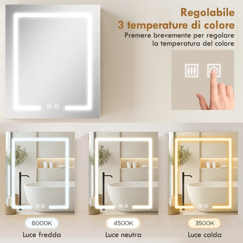 HOMCOM Armadietto Bagno con Specchio, Luce LED Regolabile e Sistema Antiappannamento, 50x15x60 cm, Bianco