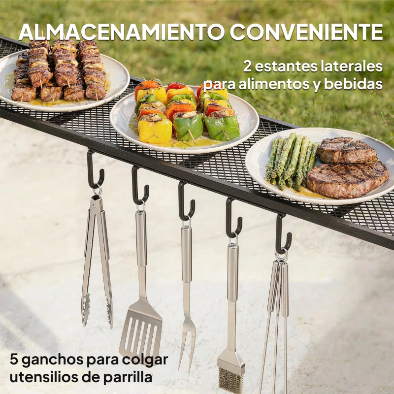 Outsunny Cenador para Barbacoa de 2,4 x 1,5 m Cenador de Pérgola Exterior con 2 Estantes Laterales y Ganchos Gris Oscuro